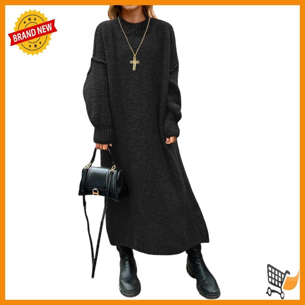 Oversized Chunky Knit Sweater Dress Mock Neck Long Sleeve Maxi